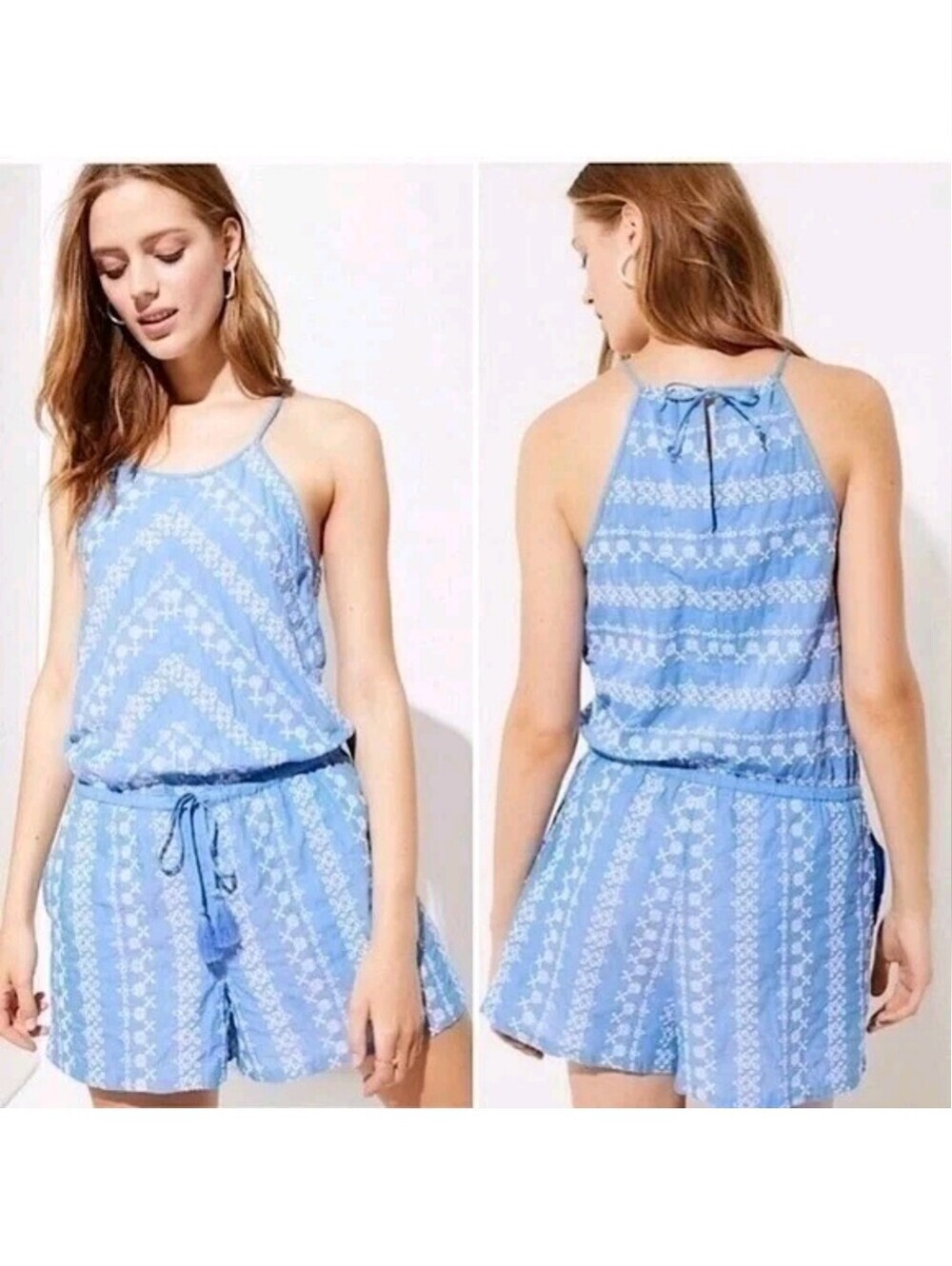 LOFT Sky Blue & White Embroidered Cotton Summer Romper w/ Pockets Women's L
